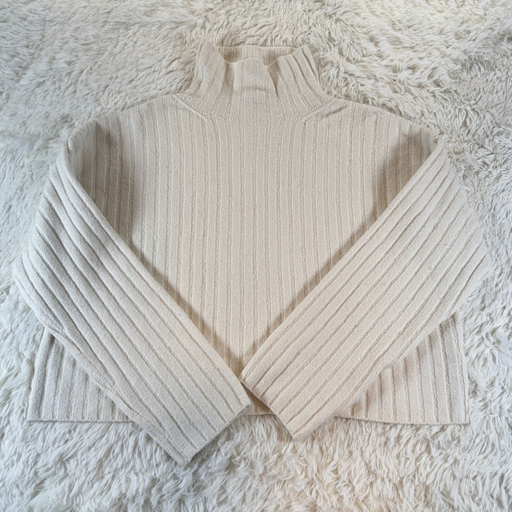 Open Edit Ribbed Mock Neck Cropped Sweater Large Neutral Minimalist Chic Preppy